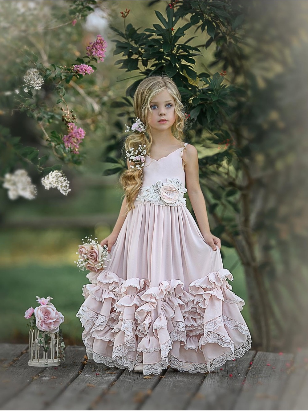 Dollcake Blush Pink Ruffled Flower-Applique Formal Dress